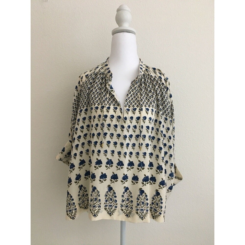 Ulla Johnson Women's 100% Silk Floral Block Print Peasant Blouse Top Size 4 Blue